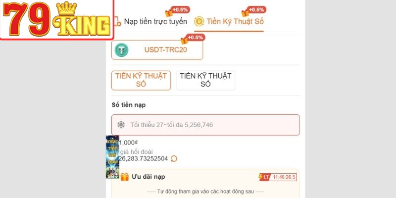 Nạp tiền 79King bằng crypto cực kỳ tiện lợi